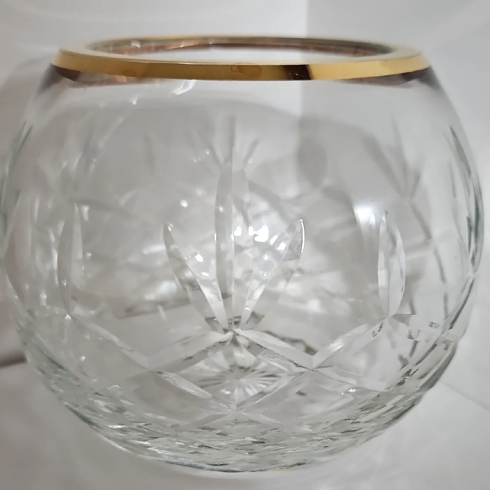 Vintage Hand-Cut Crystal Rose Bowl Vase with Gold Rim